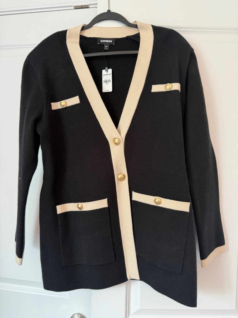 BNWT-Express heavyweight Black Cardigan/Coatigan with Cream Trim